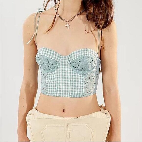 Urban Outfitters Sweet On You Gingham Bustier Cropped Green Smocked Top Small - Picture 1 of 7